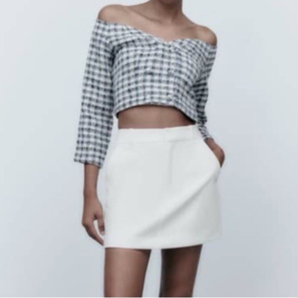 Zara White/Black/Blue Checkered Cropped Off-Shoulder Top